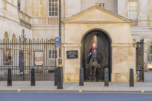 Queens Guardsman on a horse in Whitehall, London, England, Uk
