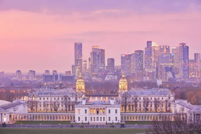 Framed Print : The Queens House, National Maritime Museum, and the Old Royal Naval College with the Canary Wharf skyline at twilight, Greenwich, London, United Kingdom, Northern Europe