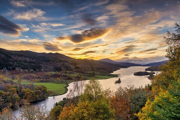 Queens View at Sunset over Loch Tummel in Autumn, Perth & Kinross, Scotland