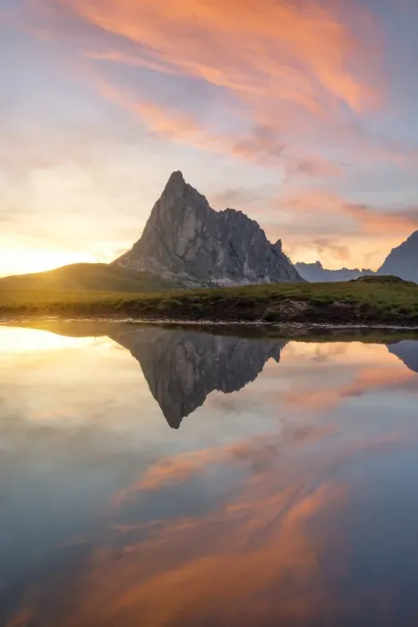 Framed Print : the Ra Gusela mountain reflected in small puddle of water at sunset, Giau Pass, Dolomiti