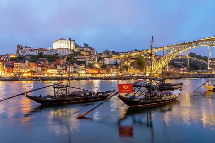 Framed Print : Rabelo Boats on the River Douro with the Dom Luis l Bridge at Dusk, Porto, Portugal, Southern Europe Framed Print : Rabelo Boats on the River Douro with the Dom Luis l Bridge at Dusk, Porto, Portugal, Southern Europe