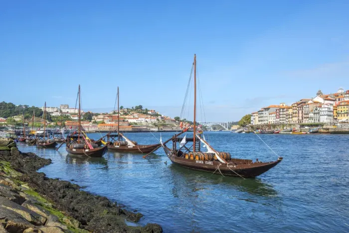 Framed Print : Rabelo boats with river Douro and Ribeira, Porto, Portugal Framed Print : Rabelo boats with river Douro and Ribeira, Porto, Portugal