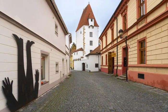 Framed Print : Rabenstejn Tower and street art in Ceske Budejovice, South Bohemian Region, Czech Republic