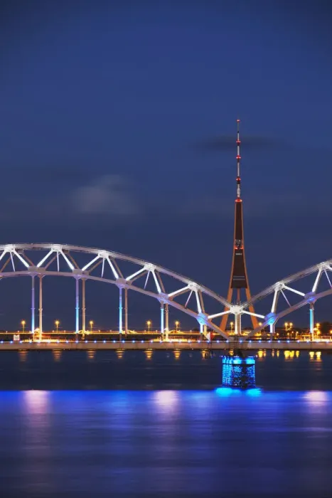 Framed Print : Railway bridge across Daugava River with TV tower in background, Riga, Latvia Framed Print : Railway bridge across Daugava River with TV tower in background, Riga, Latvia