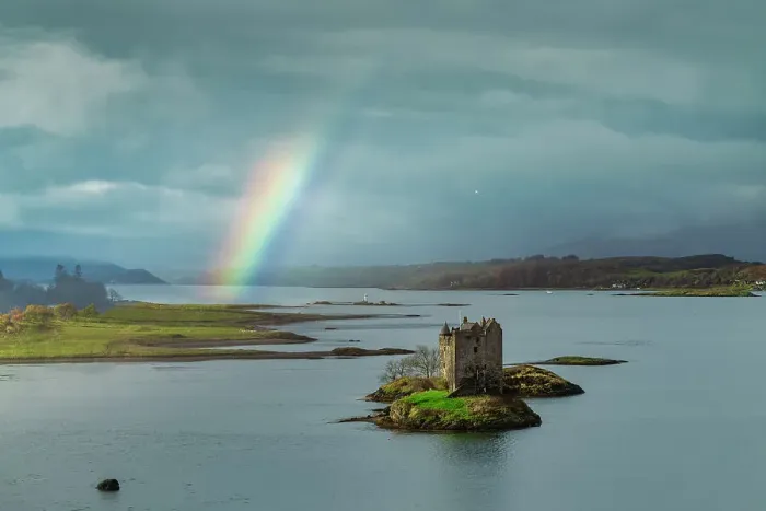 Framed Print : Rainbow over Castle Stalker, Appin, Argyll and Bute, Scotland Framed Print : Rainbow over Castle Stalker, Appin, Argyll and Bute, Scotland