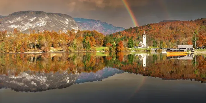 Framed Print : Rainbow over Church of St. John the Baptist Reflecting in Lake Bohinj, Slovenia, Europe Framed Print : Rainbow over Church of St. John the Baptist Reflecting in Lake Bohinj, Slovenia, Europe