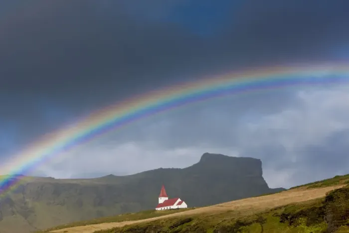 Framed Print : Rainbow over church, Vik, Iceland Framed Print : Rainbow over church, Vik, Iceland