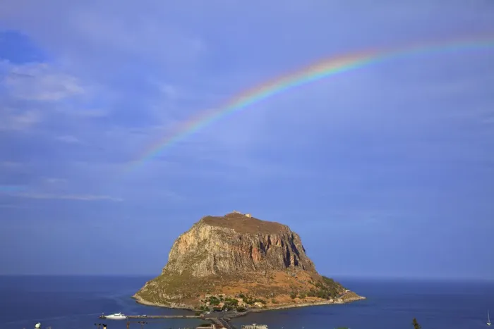 Framed Print : Rainbow Over Monemvasia, Laconia, The Peloponnese, Greece, Southern Europe Framed Print : Rainbow Over Monemvasia, Laconia, The Peloponnese, Greece, Southern Europe