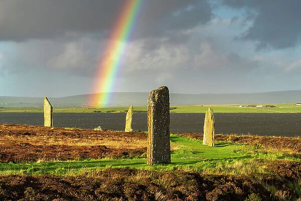 Rainbow over the Ring of Brodgar on Mainland, Orkney Islands, Scotland. Autumn (October) 2022