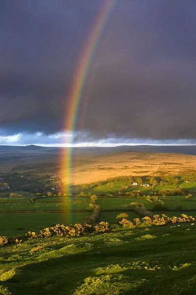 Rainbow above rolling farmland on the edges of Dartmoor National Park, Devon, England