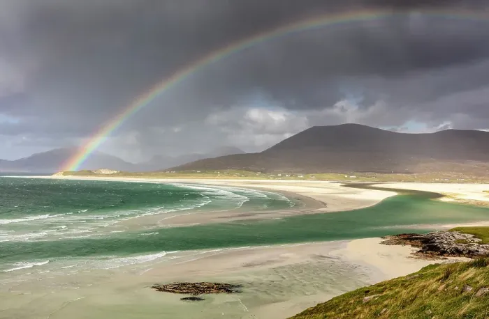 Framed Print : Rainbow over Seilebost Beach with Luskentyre and South Harris Hills beyond, Isle of Harris, Outer Hebrides, Scotland Framed Print : Rainbow over Seilebost Beach with Luskentyre and South Harris Hills beyond, Isle of Harris, Outer Hebrides, Scotland