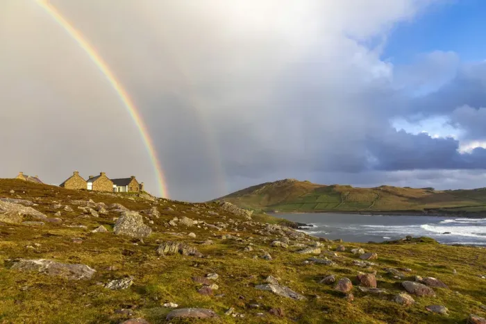 Framed Print : A rainbow sits above an old house in western Achill Island, , Achill Island, County Mayo Framed Print : A rainbow sits above an old house in western Achill Island, , Achill Island, County Mayo