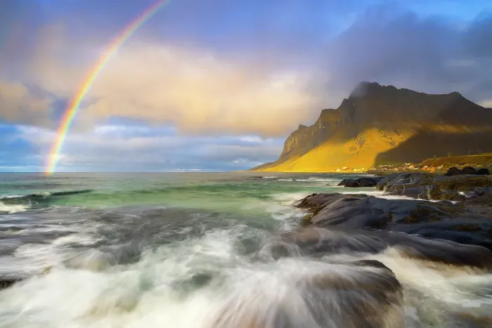 Framed Print : Rainbow at Vikten beach during sunset, Flakstad, Moskenesoya, Nordland, Lofoten Islands, Norway, Northern Europe Framed Print : Rainbow at Vikten beach during sunset, Flakstad, Moskenesoya, Nordland, Lofoten Islands, Norway, Northern Europe