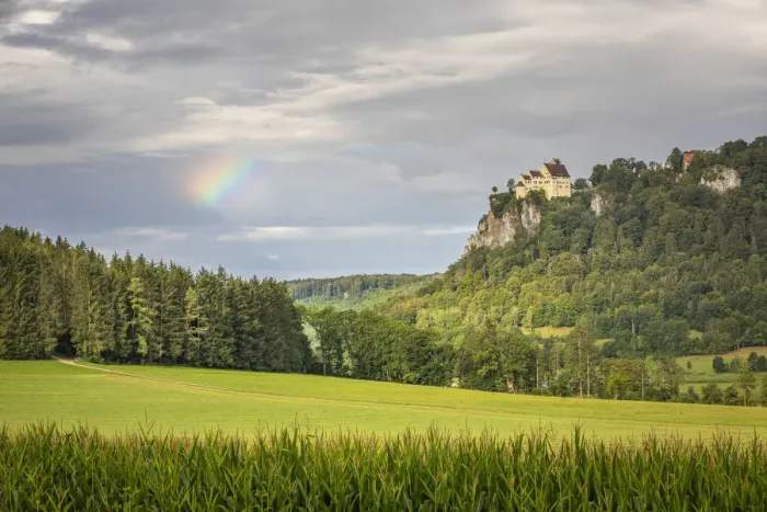 Framed Print : Rainbow over Werenwag Castle, Upper Danube Nature Park, Swabian Jura, Baden-Wurttemberg, Germany, Europe Framed Print : Rainbow over Werenwag Castle, Upper Danube Nature Park, Swabian Jura, Baden-Wurttemberg, Germany, Europe