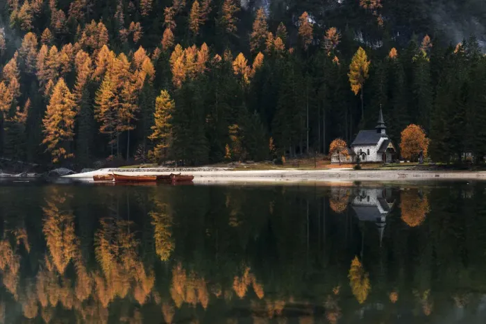 Framed Print : Rainy afternoon at the Braies lake in autumn, Dolomites, Italy Framed Print : Rainy afternoon at the Braies lake in autumn, Dolomites, Italy