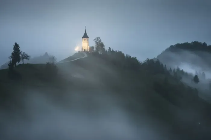 Framed Print : Rainy twilight over the Jamnik church in spring, Slovenia Framed Print : Rainy twilight over the Jamnik church in spring, Slovenia