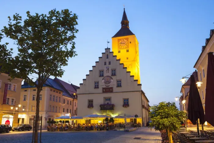 Framed Print : Rathaus (Town Hall) illuminated at Dusk, Deggendorf, Lower Bavaria, Bavaria, Germany