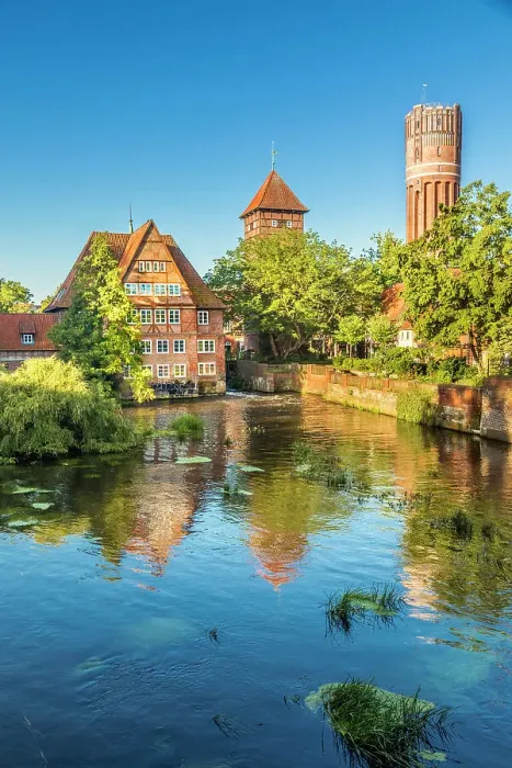 Framed Print : Ratsmill with water tower on the Ilmenau, Luneburg, Lower Saxony, Germany