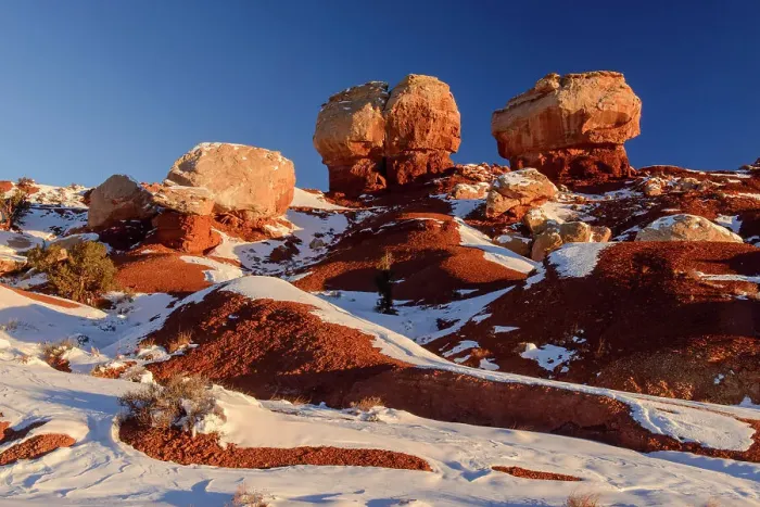 Framed Print : Recent snow in the high desert featuring Twin Rocks, Capitol Reef National Park, Utah, USA Framed Print : Recent snow in the high desert featuring Twin Rocks, Capitol Reef National Park, Utah, USA