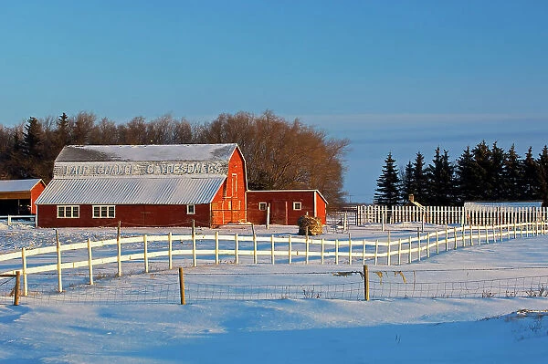 Red barn and white fence Whitewood, Saskatchewan, Canada