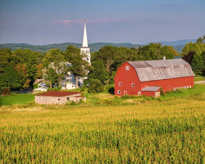 Framed Print : Red barn and white-steeple church with corn field, Peacham, Vermont, USA Framed Print : Red barn and white-steeple church with corn field, Peacham, Vermont, USA