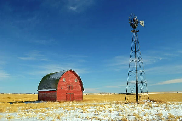 Red barn and windmill Vulcan, Alberta, Canada