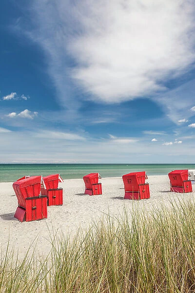 Red beach chairs on the beach at Zingst, Mecklenburg-Western Pomerania, Baltic Sea, Northern Germany, Germany
