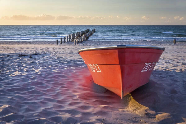 Red boat on the beach of Zingst, Mecklenburg-Western Pomerania, Northern Germany, Germany