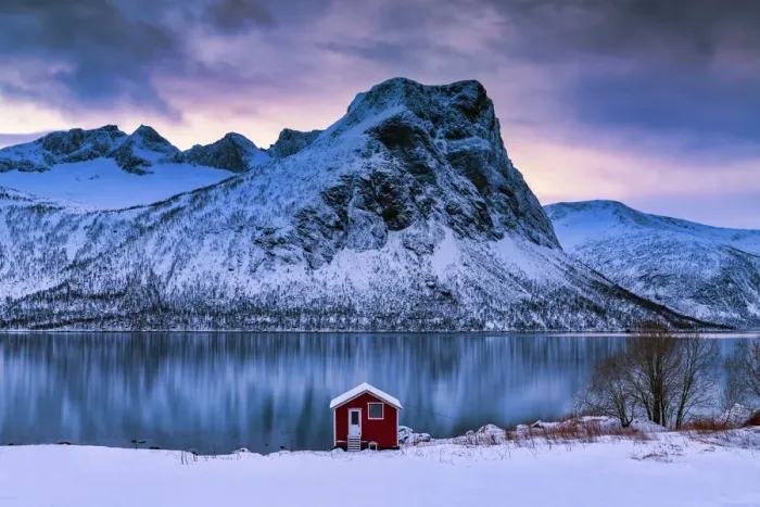 Framed Print : Red Boat House along Bergsbotn Fjord, Senja, Norway