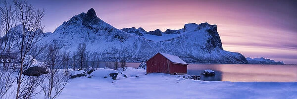 Red Boat Hut & Mountain at Sunset, Senja, Norway