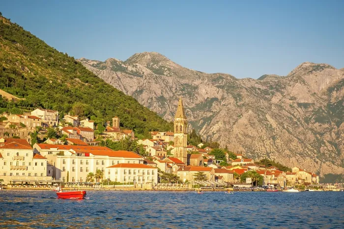 Framed Print : Red boat in front of Perast, Kotor Bay, Montenegro