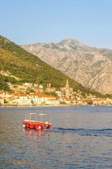 Framed Print : Red boat in front of Perast, Kotor Bay, Montenegro Framed Print : Red boat in front of Perast, Kotor Bay, Montenegro