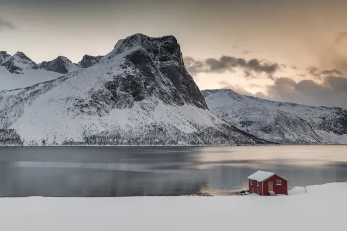 Framed Print : Red Boathouse on Bergsbotn Fjord, Senja, Norway Framed Print : Red Boathouse on Bergsbotn Fjord, Senja, Norway