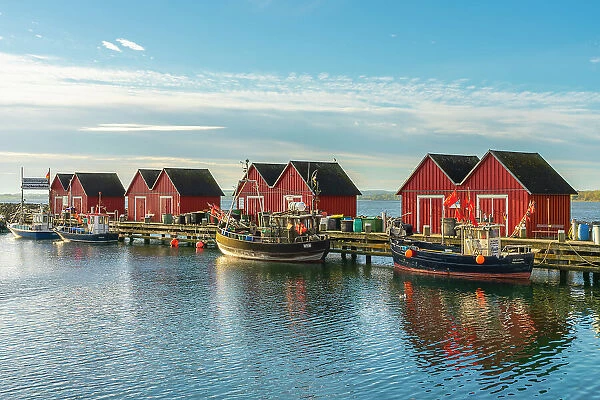 Red cabins at Wei√üe Wiek harbor, Boltenhagen, Nordwestmecklenburg, Mecklenburg-Western Pomerania, Germany