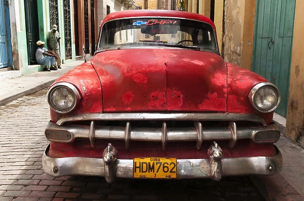 Red car in Havana, Cuba, Caribbean