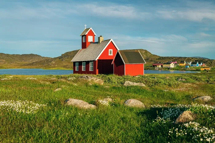 Framed Print : Red church in settlement of Ilumanaq, Greenland Framed Print : Red church in settlement of Ilumanaq, Greenland