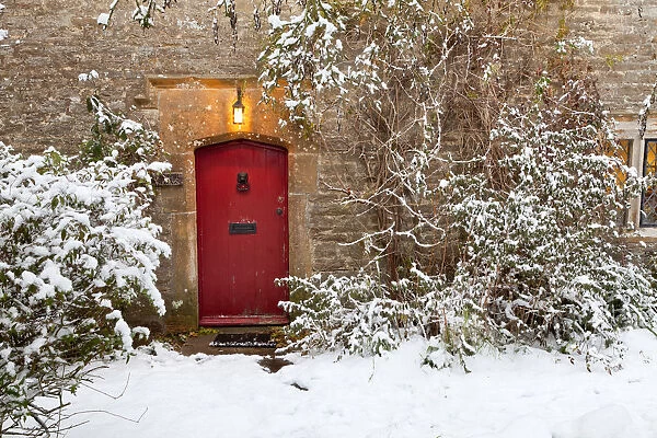 Red Cottage Door in WInter, Leigh, Dorset, England