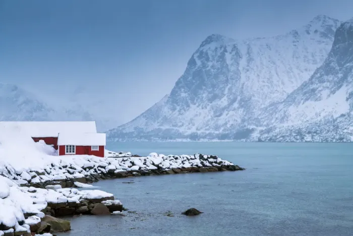 Framed Print : Red Fishing Hut on Flakstadpollen, Lofoten Islands, Norway Framed Print : Red Fishing Hut on Flakstadpollen, Lofoten Islands, Norway