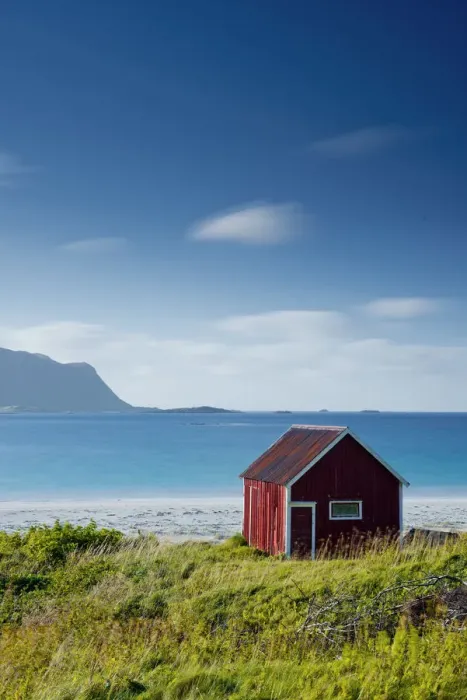Framed Print : Red Fishing Hut on Ramberg Beach, Lofoten Islands, Norway Framed Print : Red Fishing Hut on Ramberg Beach, Lofoten Islands, Norway