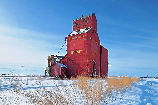 Red grain elevator in winter Dysart Saskatchewan, Canada