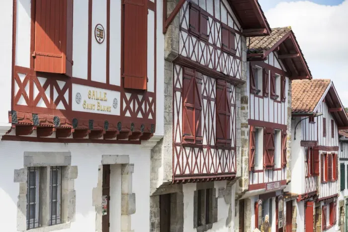 Framed Print : Red half-timbered houses of La Bastide Clairence, one of the most beautiful villages Framed Print : Red half-timbered houses of La Bastide Clairence, one of the most beautiful villages