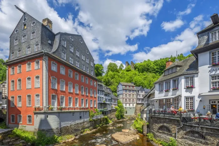 Framed Print : Red house with river Rur, Monschau, Eifel, North Rhine-Westphalia, Germany Framed Print : Red house with river Rur, Monschau, Eifel, North Rhine-Westphalia, Germany