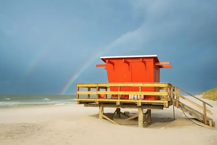 Framed Print : Red lifeguard cabin with rainbow, Wenningstedt beach, Sylt, Nordfriesland, Schleswig-Holstein, Germany Framed Print : Red lifeguard cabin with rainbow, Wenningstedt beach, Sylt, Nordfriesland, Schleswig-Holstein, Germany