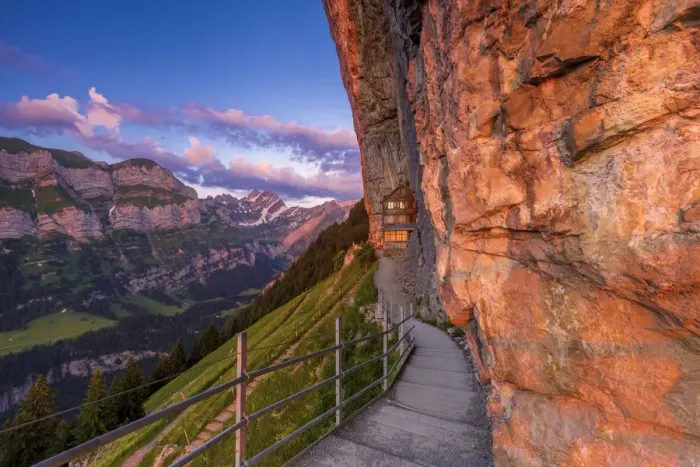 Framed Print : Red light of sunrise at Berggasthaus Aescher, Canton of Appenzell, Alpstein, Switzerland Framed Print : Red light of sunrise at Berggasthaus Aescher, Canton of Appenzell, Alpstein, Switzerland