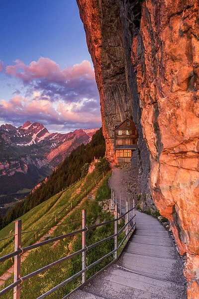 Red light of sunrise at Berggasthaus Aescher, Canton of Appenzell, Alpstein, Switzerland