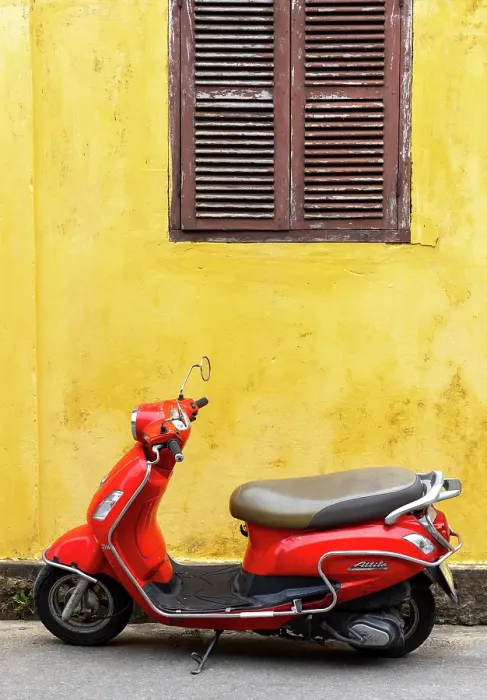 Framed Print : Red moped against yellow wall, Hoi An, Vietnam Framed Print : Red moped against yellow wall, Hoi An, Vietnam