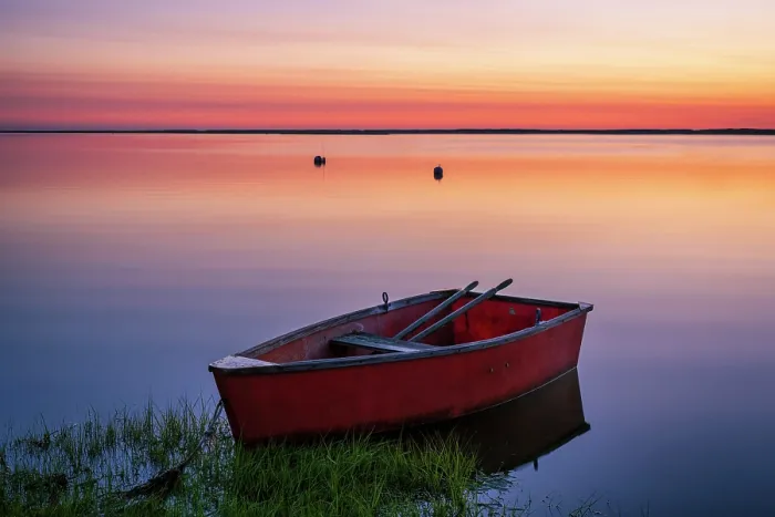 Framed Print : Red rowboat at sunrise on Cape Cod marsh, Orleans, Massachusetts, USA Framed Print : Red rowboat at sunrise on Cape Cod marsh, Orleans, Massachusetts, USA