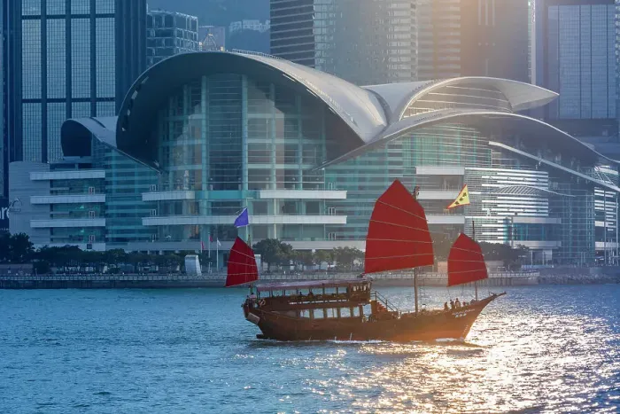 Framed Print : A Red Sail Junk in Hong Kong Harbour, Hong Kong, China Framed Print : A Red Sail Junk in Hong Kong Harbour, Hong Kong, China
