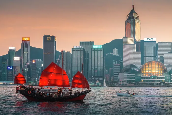 Framed Print : A Red Sail Junk in Hong Kong Harbour, Hong Kong, China Framed Print : A Red Sail Junk in Hong Kong Harbour, Hong Kong, China