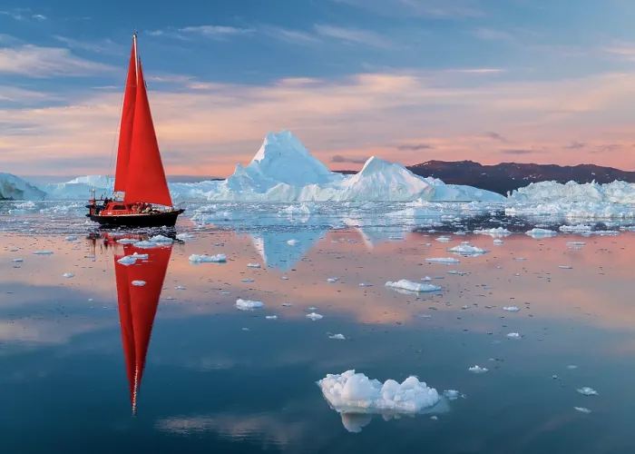 Framed Print : Red sailboat at sunset near icebergs in Disko Bay, Greenland Framed Print : Red sailboat at sunset near icebergs in Disko Bay, Greenland
